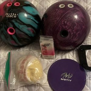 Bowling balls, accessories, and carrying bag